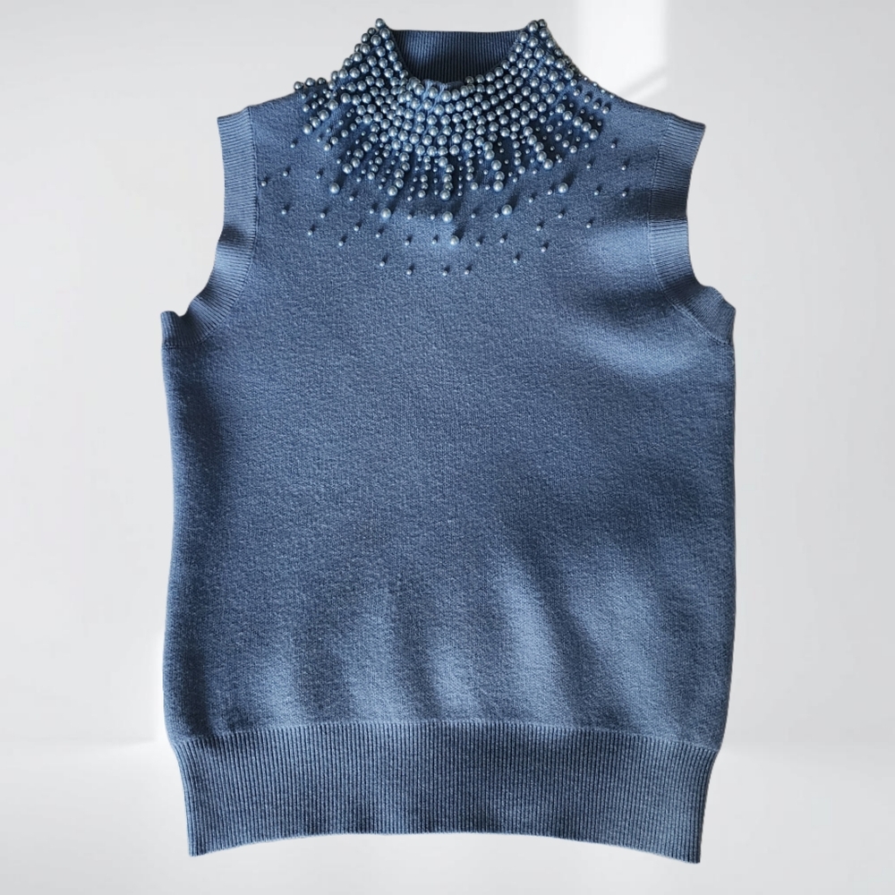 Blue Sleeveless Beaded Sweater NWT